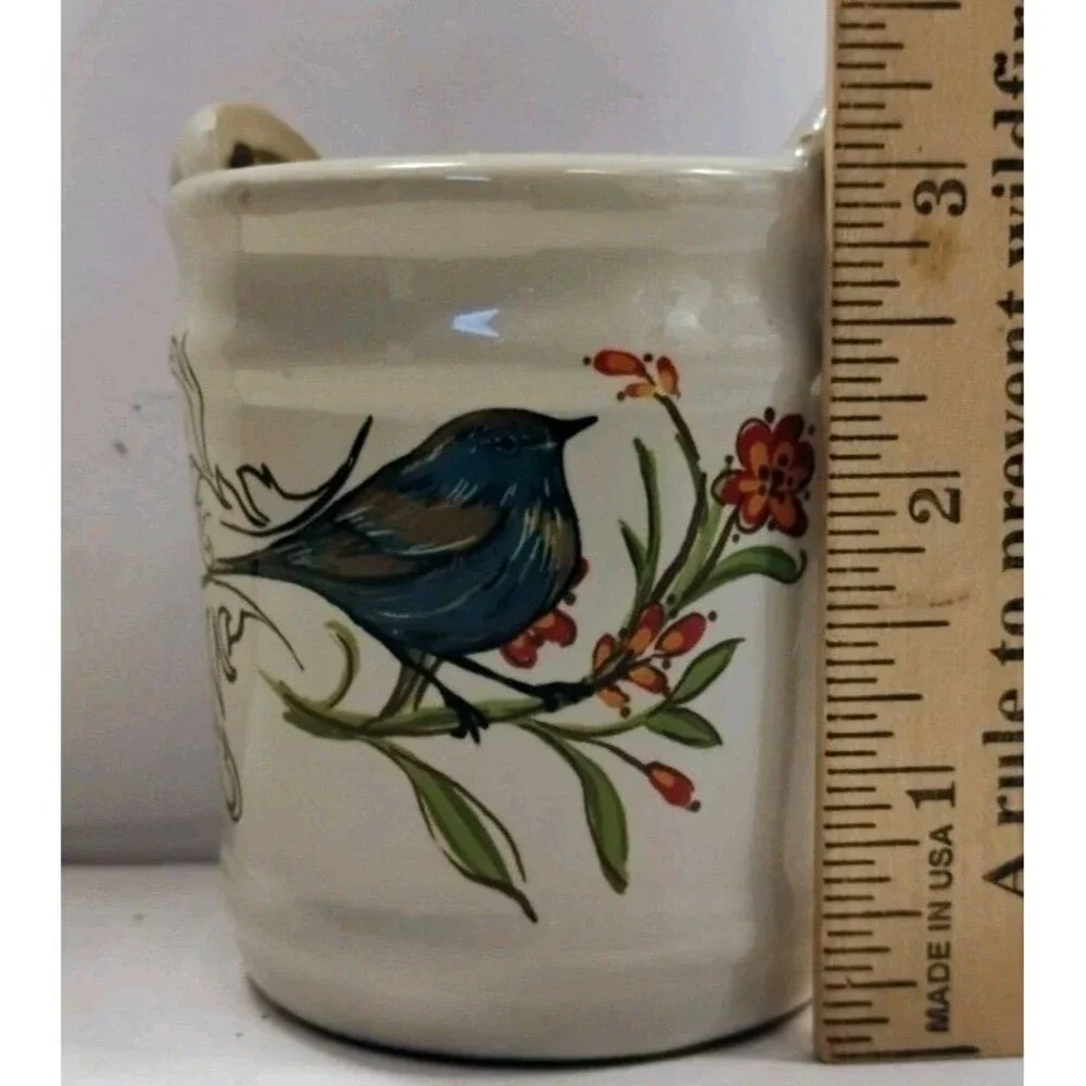 Vtg Hand Painted Blue Bird Small Ceramic Pail Crock Match Holder Bucket Handle 3